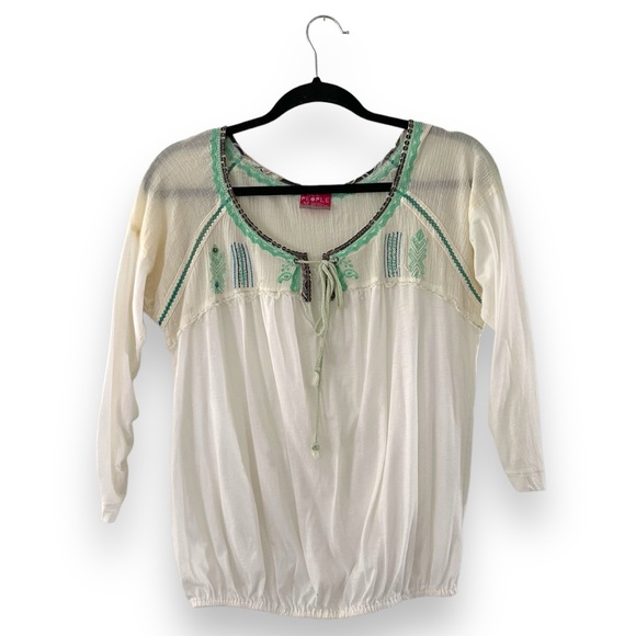 Free People Vintage White Mint Embrodeired Boho Peasant Top Size Small - Picture 1 of 8